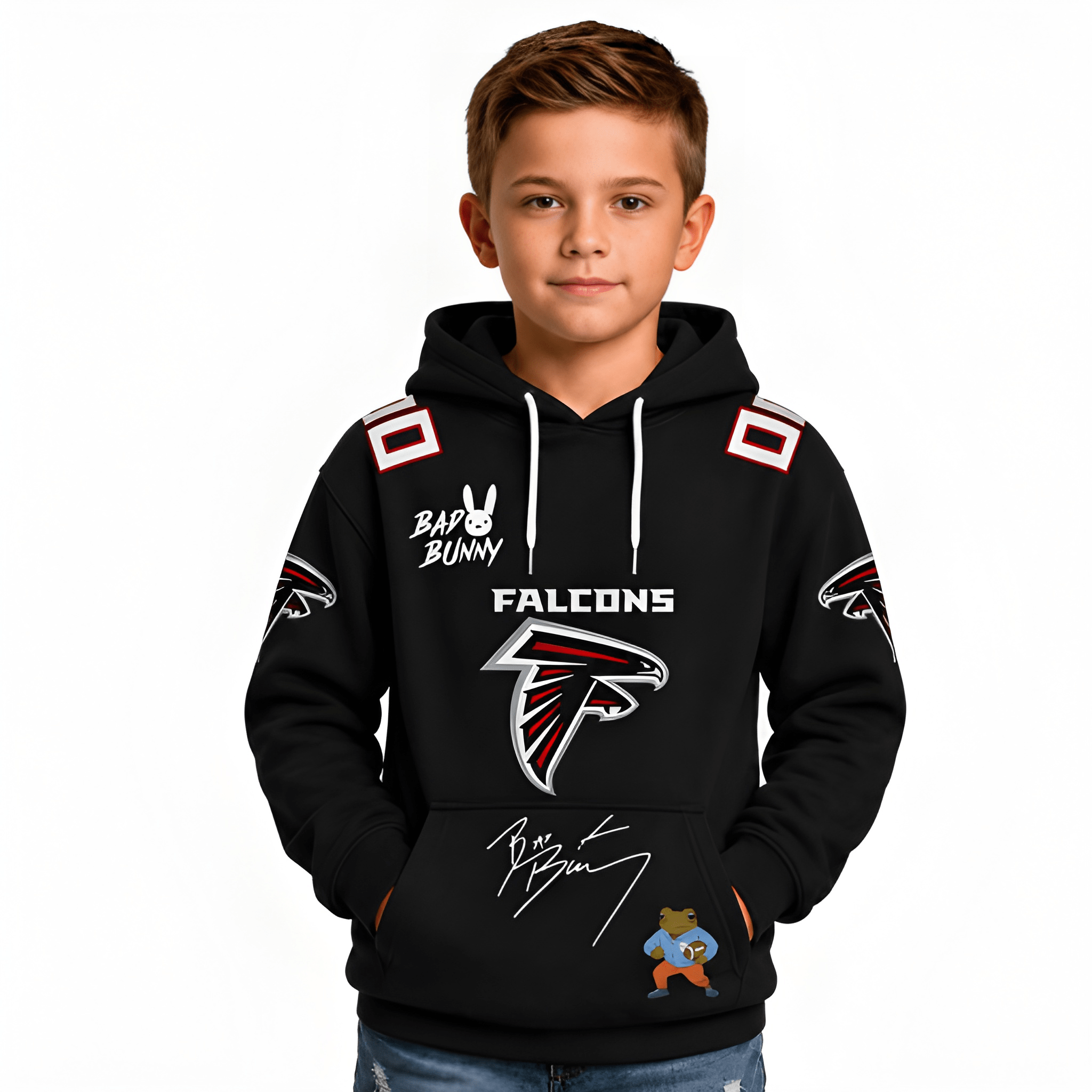 Personalized Bad Bunny Bowl LX Inspired Atlanta Falcons Football Fan Hoodie For Kids