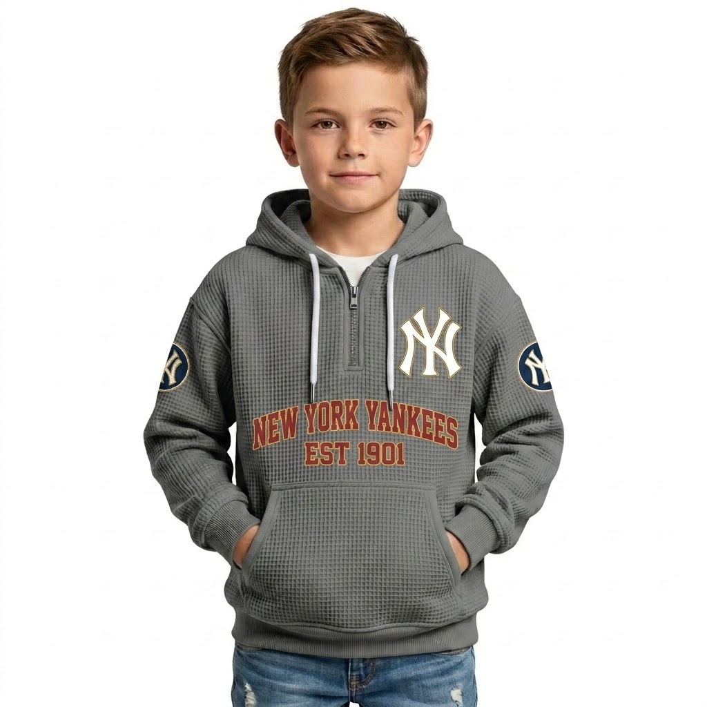 New York Yankees EST 1901 Printed Waffle Quarter Zip Baseball Fan Hoodie For Kids