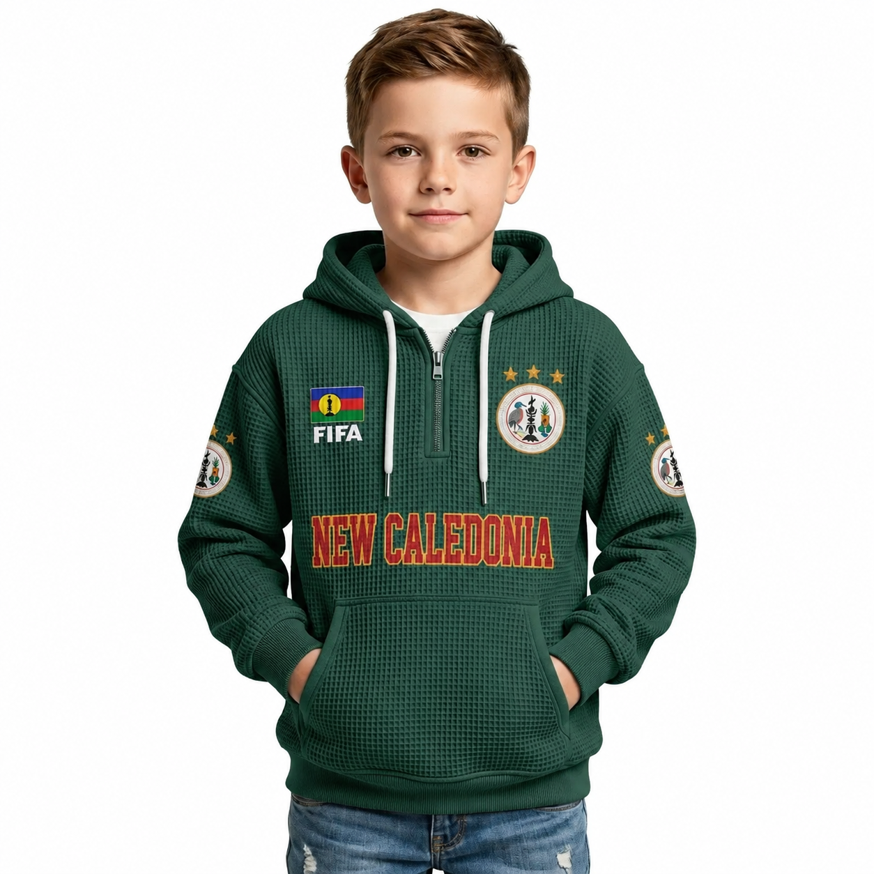FIFA 2026 Caledonia Printed Waffle Quarter Zip Football Fan Hoodie For Kids