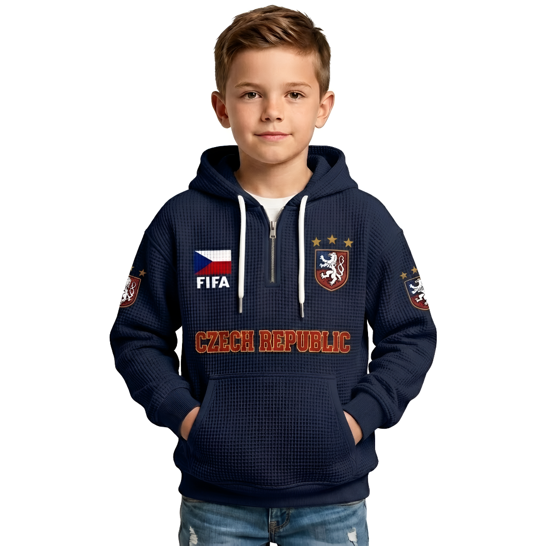 FIFA 2026 Czech Republic Printed Waffle Quarter Zip Football Fan Hoodie For Kids