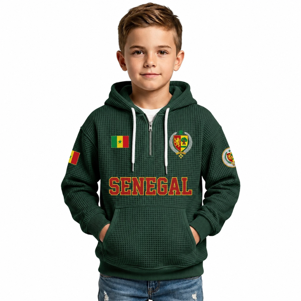 Senegal Printed Waffle Quarter Zip Football Fan Hoodie For Kids