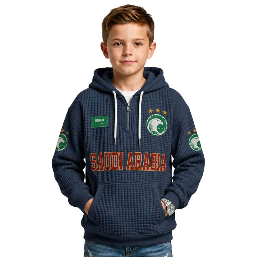 Saudi Arabia Printed Waffle Quarter Zip Football Fan Hoodie For Kids