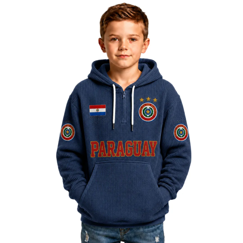 Paraguay Printed Waffle Quarter Zip Football Fan Hoodie For Kids