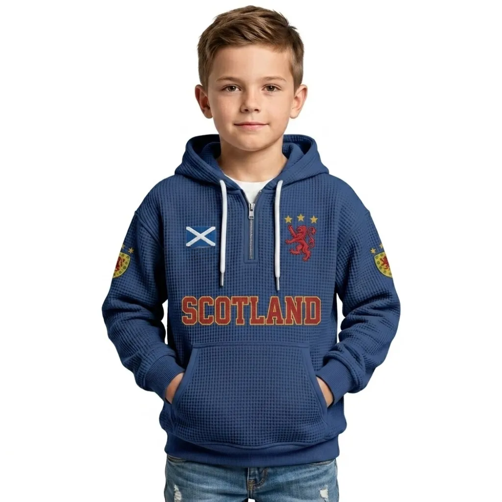 Scotland Printed Waffle Quarter Zip Football Fan Hoodie For Kids