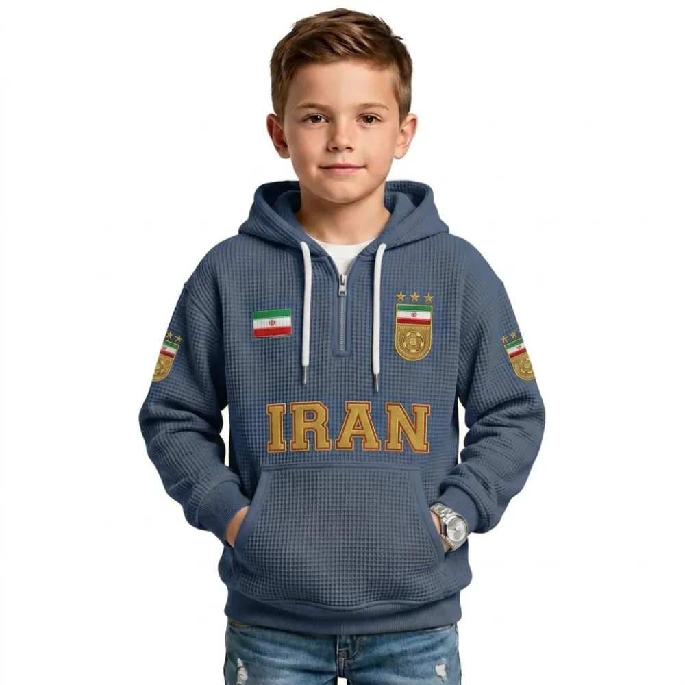 Iran Printed Waffle Quarter Zip Football Fan Hoodie For Kids