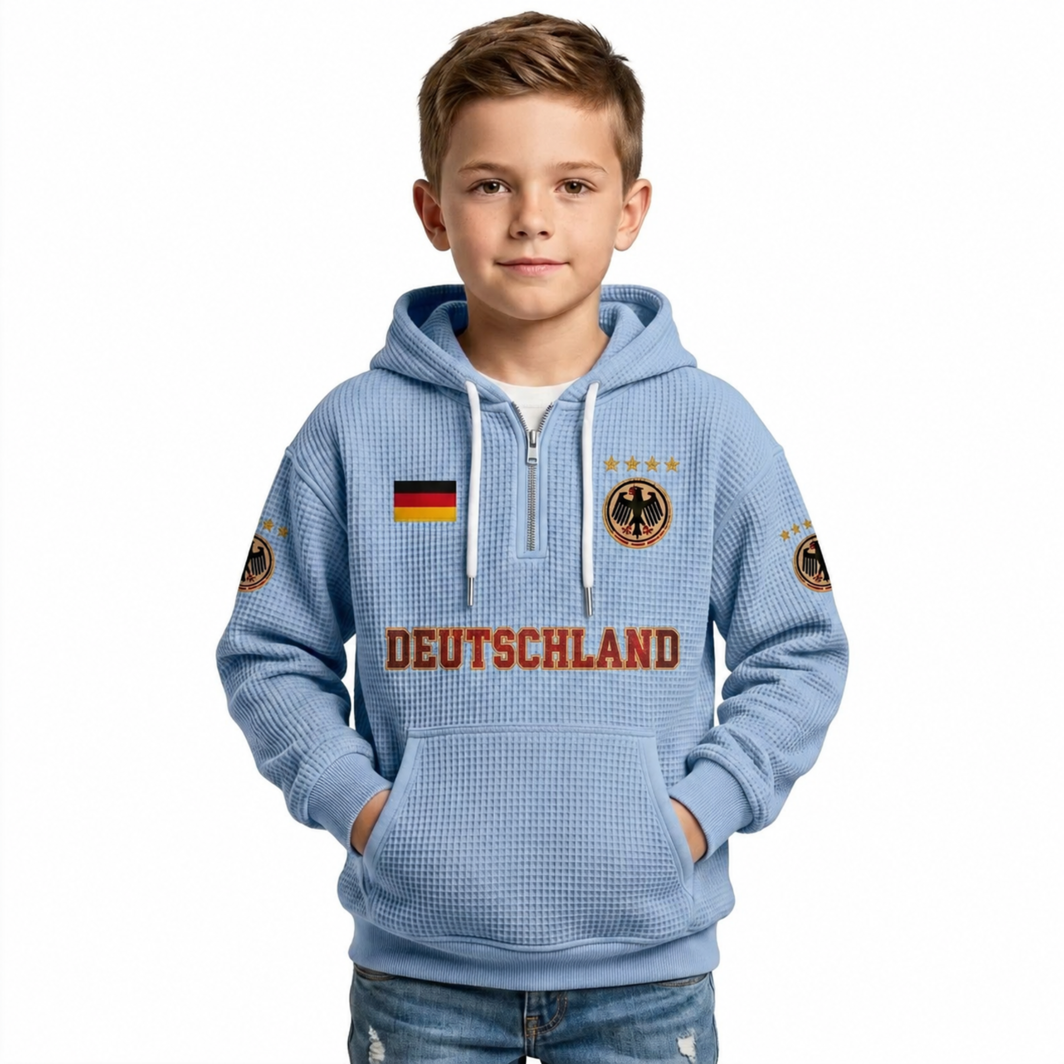 Germany Printed Waffle Quarter Zip Football Fan Hoodie For Kids