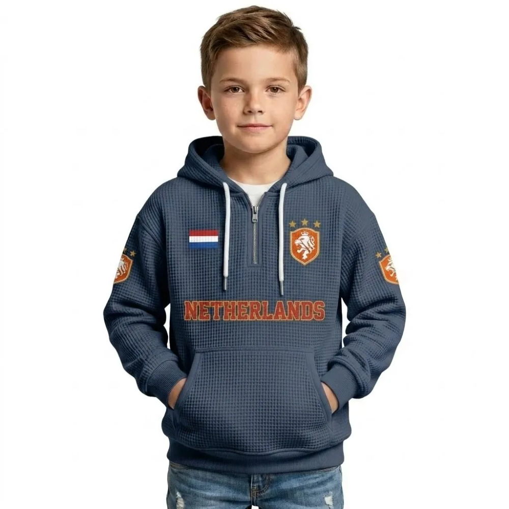 Netherlands Printed Waffle Quarter Zip Football Fan Hoodie For Kids