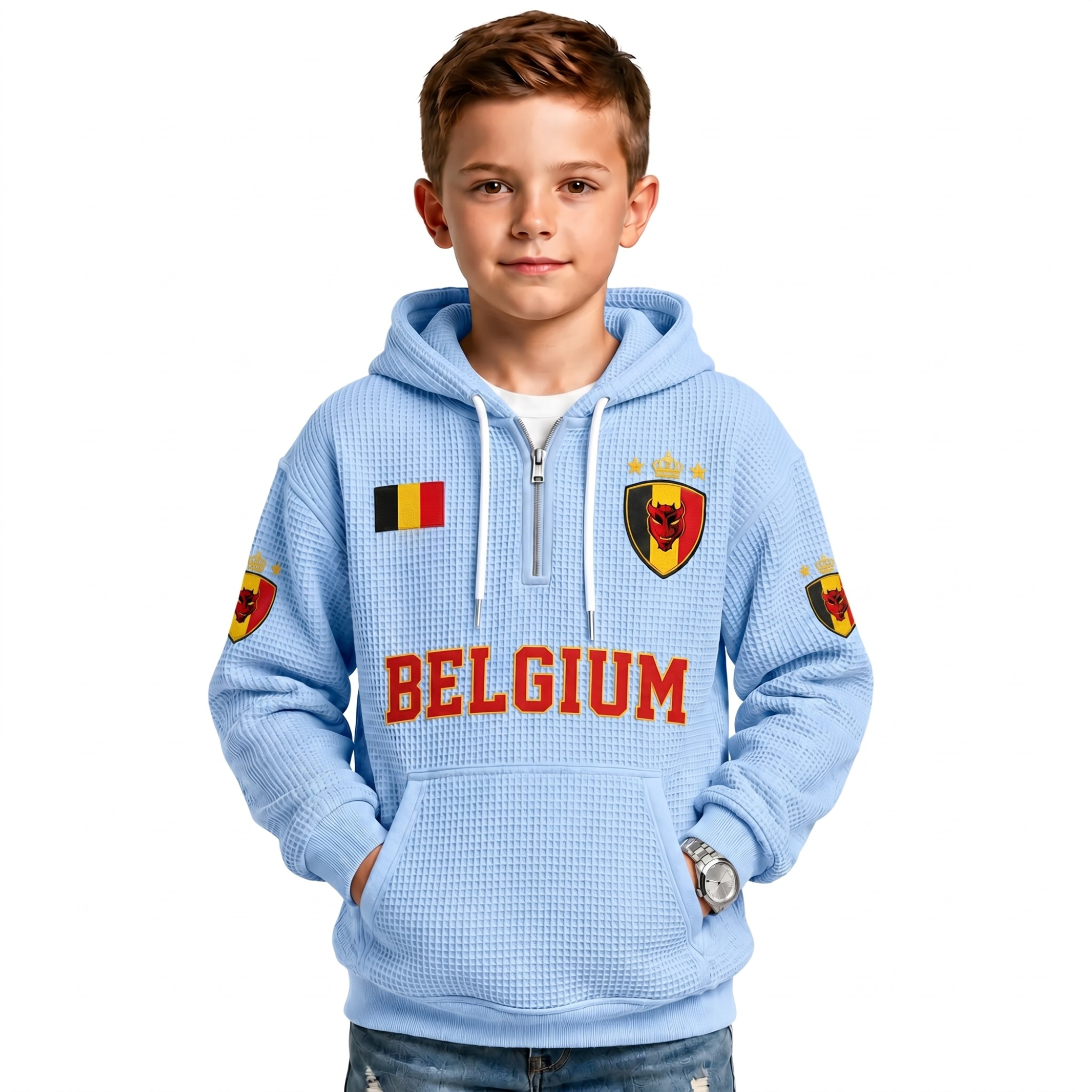 Belgium Printed Waffle Quarter Zip Football Fan Hoodie For Kids