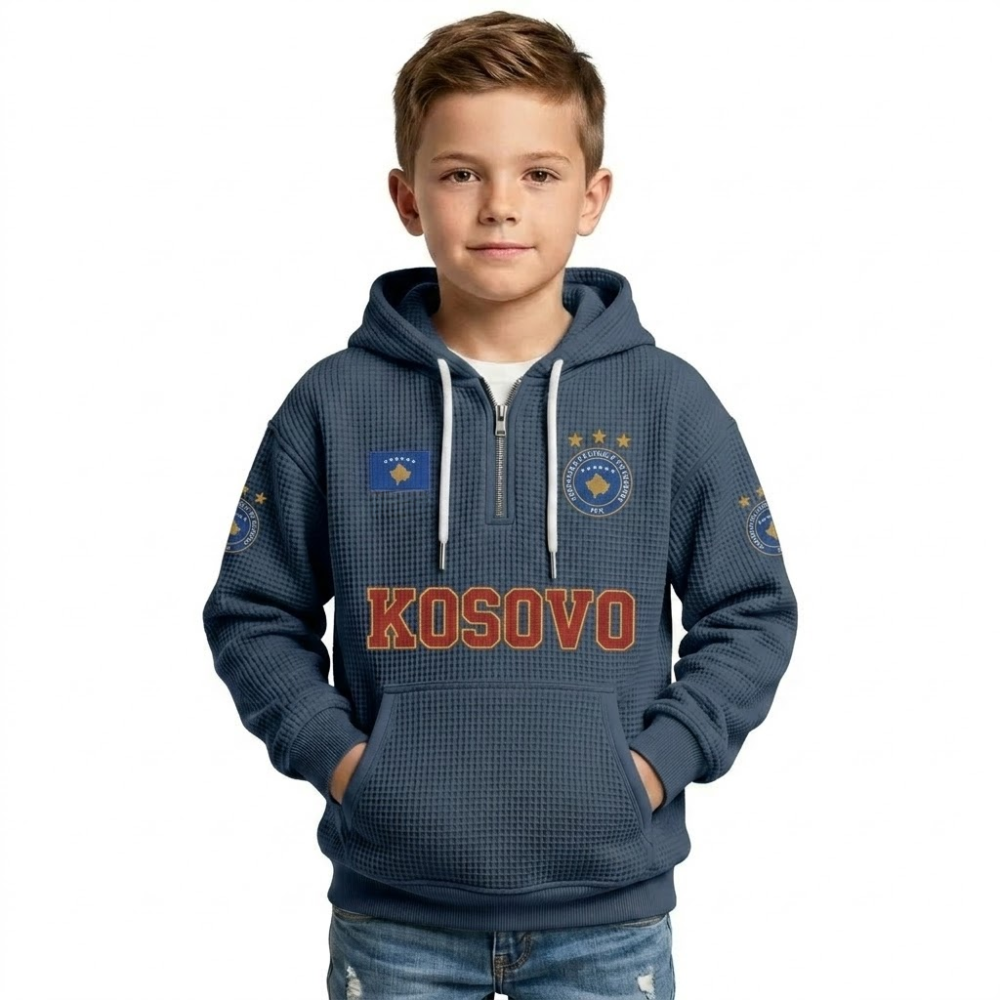 Kosovo Printed Waffle Quarter Zip Football Fan Hoodie For Kids