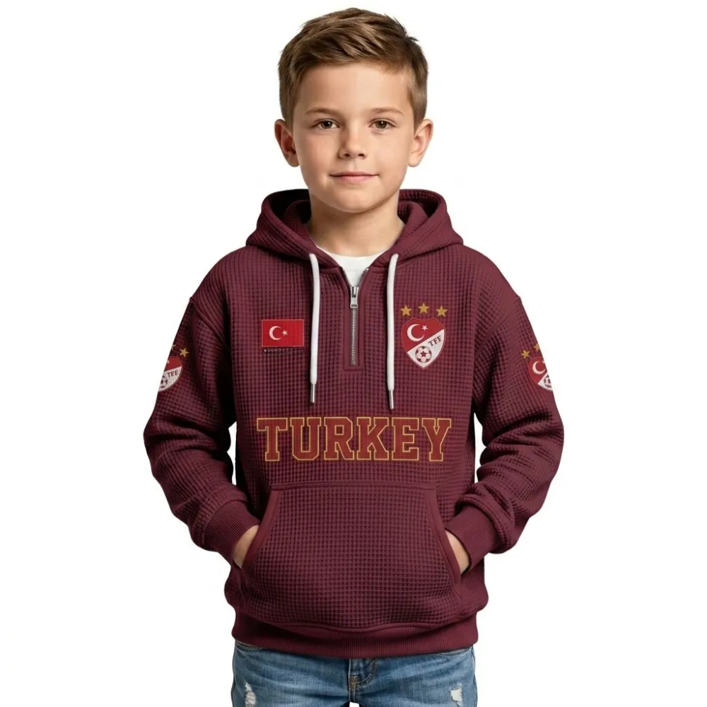 Turkey Printed Waffle Quarter Zip Football Fan Hoodie For Kids