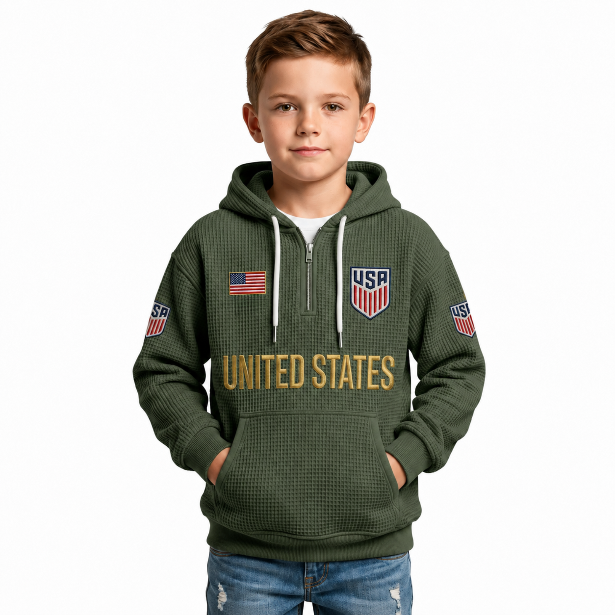 United States Printed Waffle Quarter Zip Football Fan Hoodie For Kids