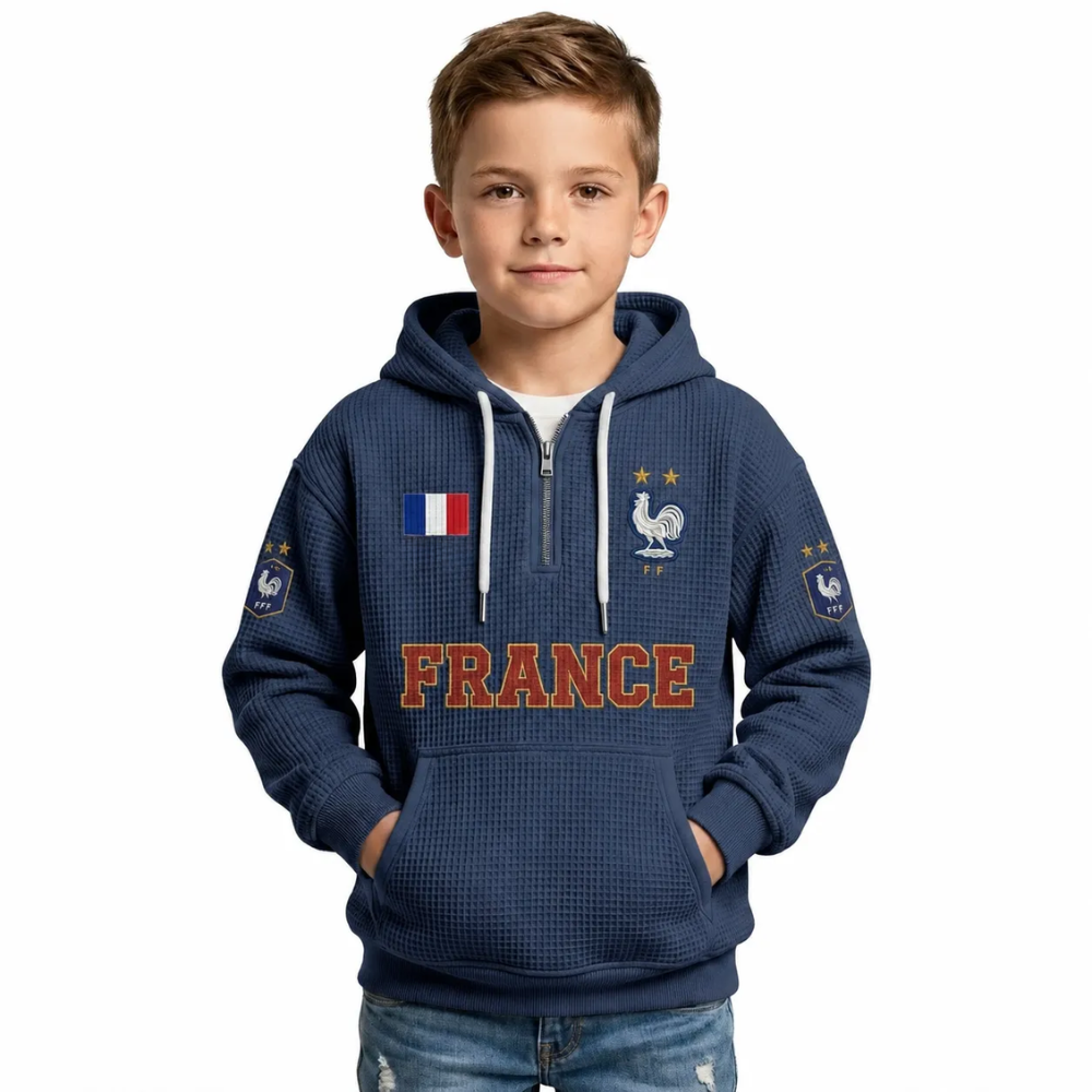 France Printed Waffle Quarter Zip Football Fan Hoodie For Kids