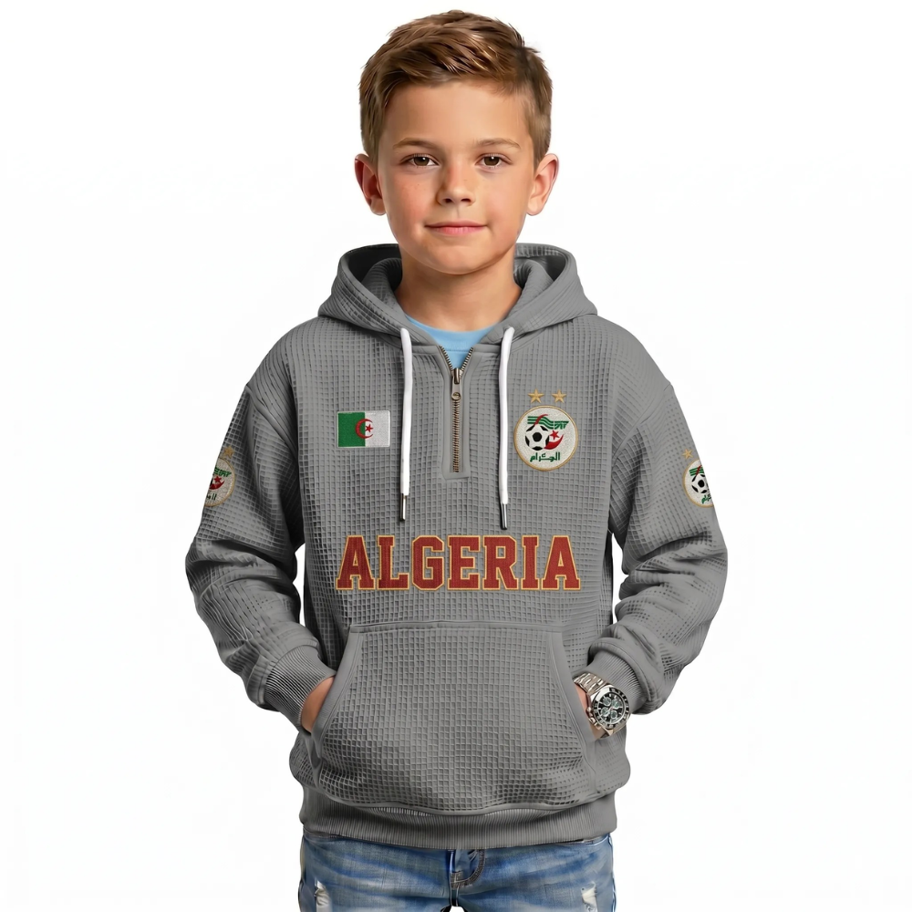 Algeria Printed Waffle Quarter Zip Football Fan Hoodie For Kids