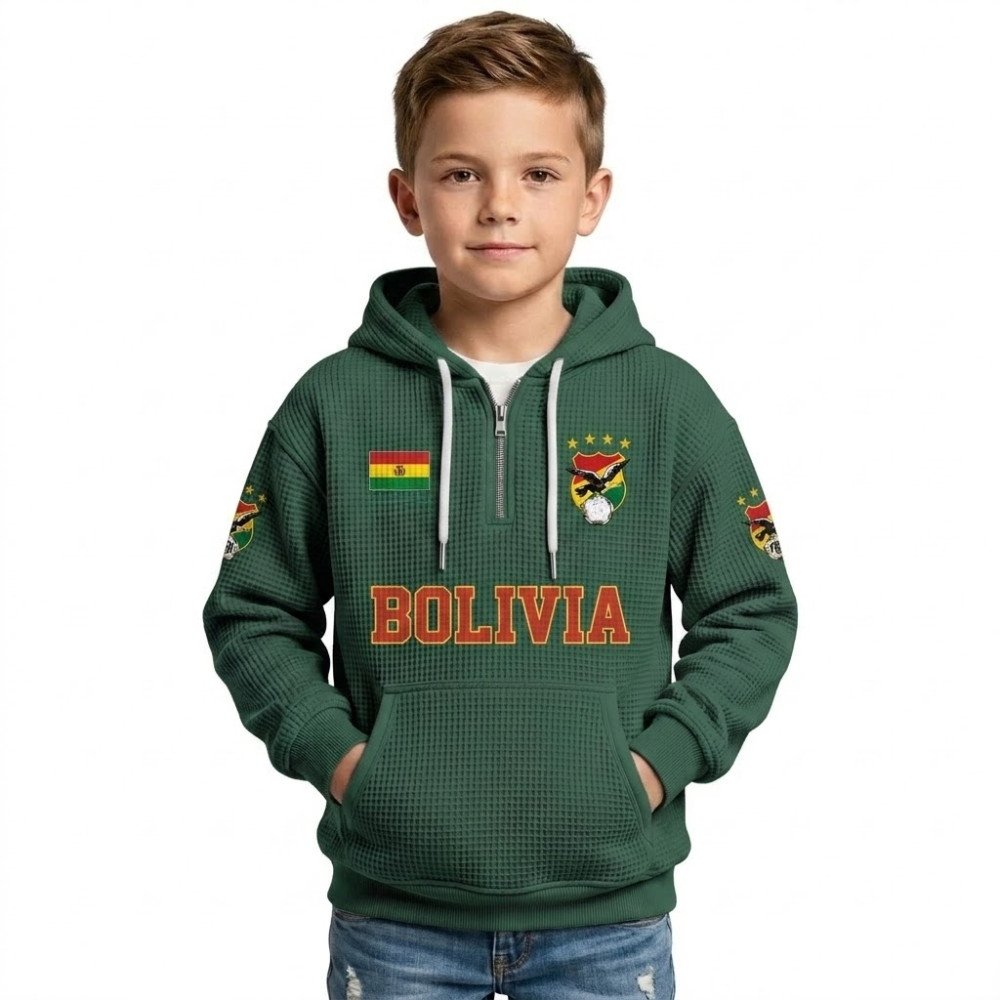 Bolivia Printed Waffle Quarter Zip Football Fan Hoodie For Kids