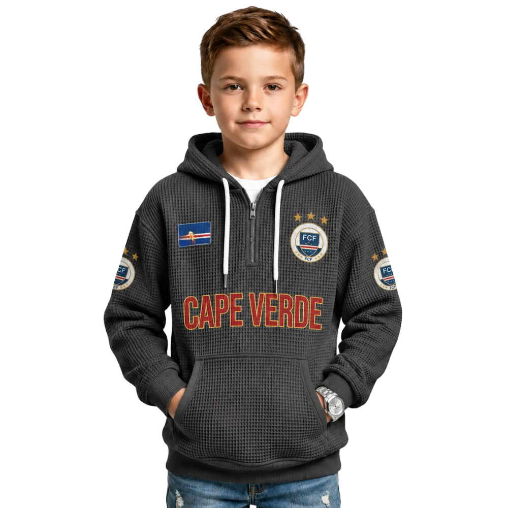 Cape Verde Printed Waffle Quarter Zip Football Fan Hoodie For Kids