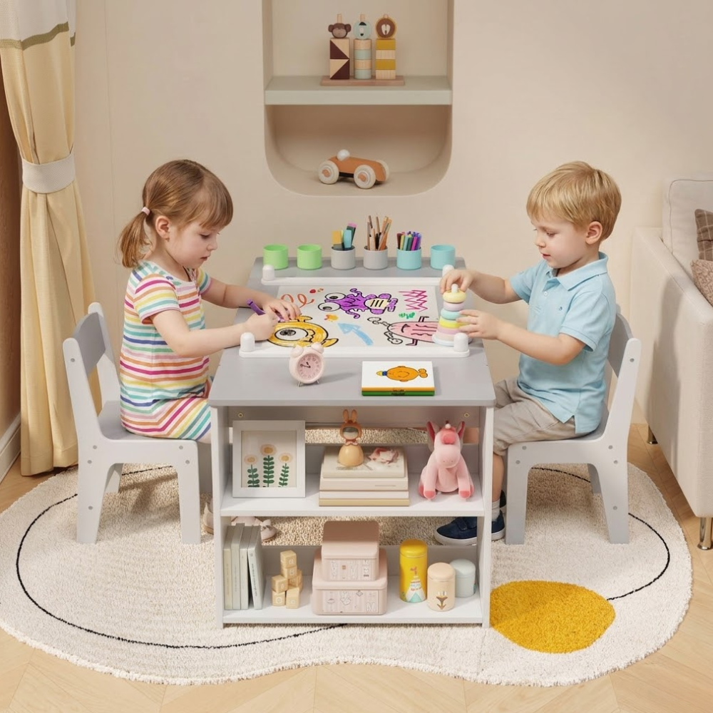 Multipurpose Kids Play Table And Chair Set With Built In Storage Shelves