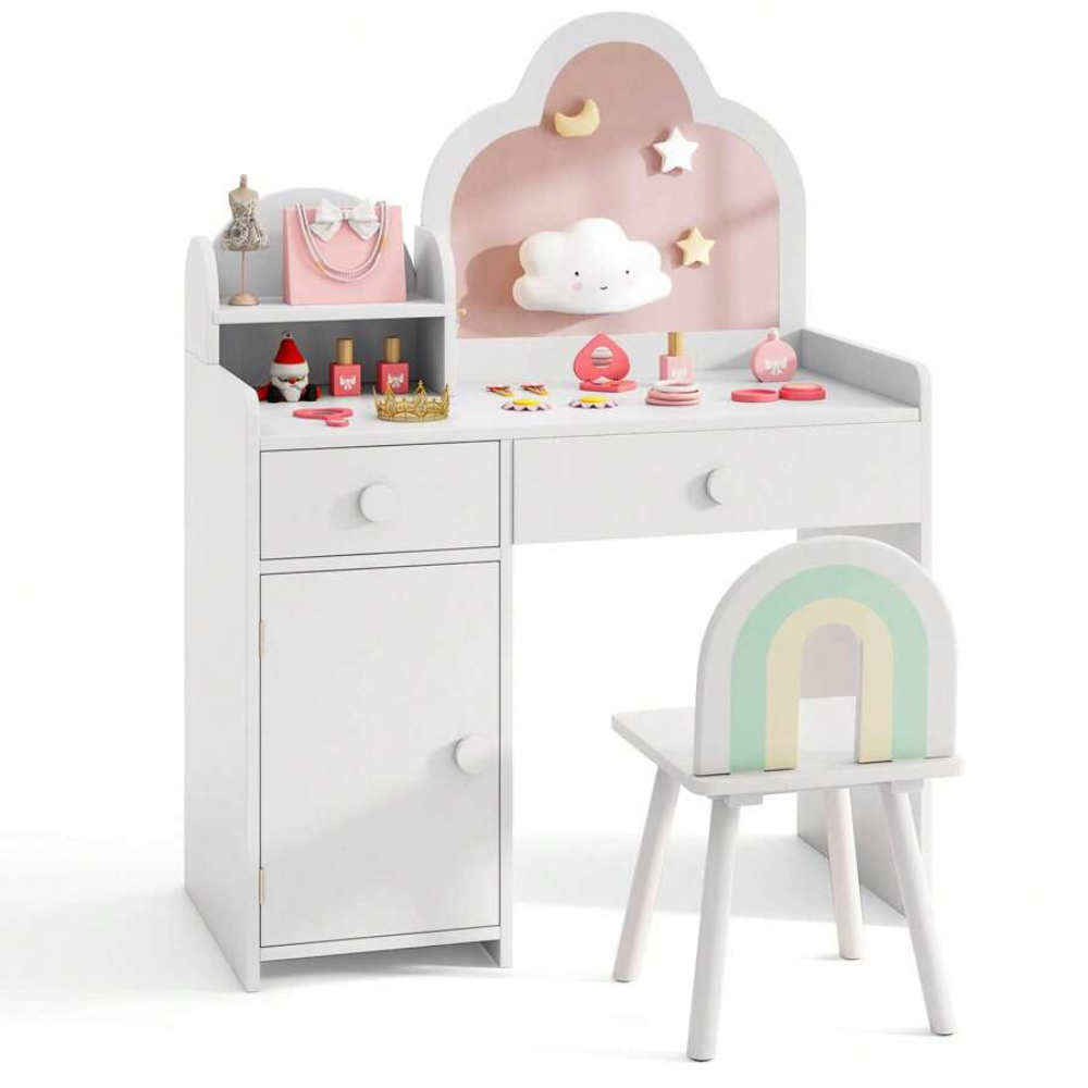 Kids Vanity Table Chair Cloud Shaped Mirror Open Shelf 