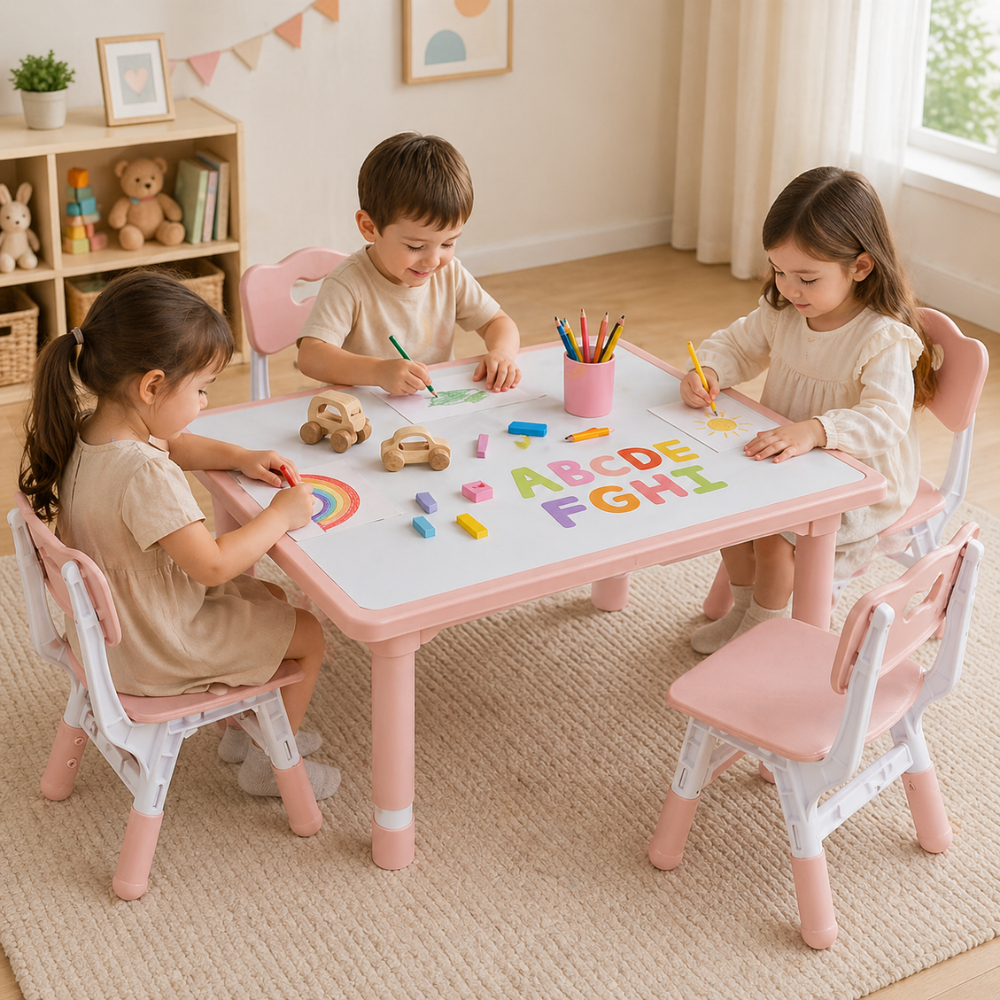 Kids Height Adjustable Activity Table 4 Chairs Set For Home