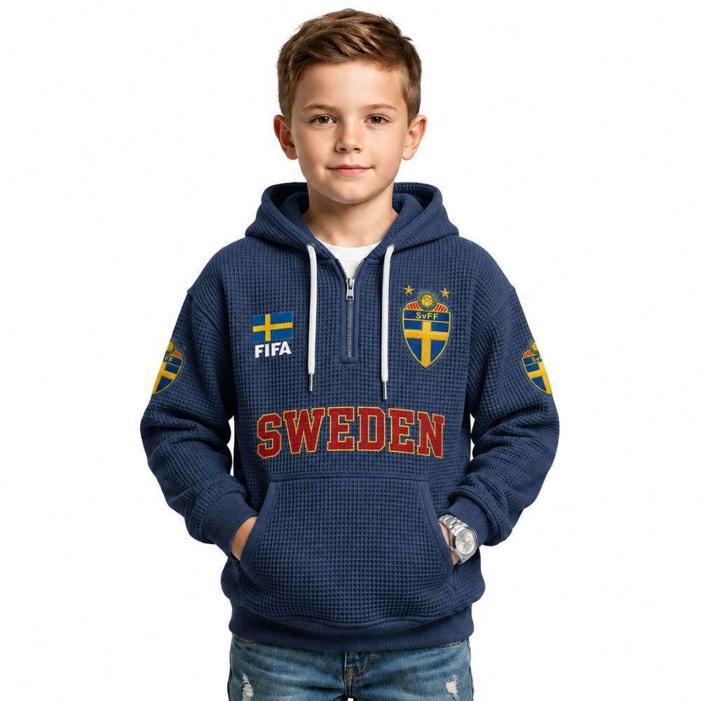 FIFA 2026 Sweden Printed Waffle Quarter Zip Football Fan Hoodie For Kids