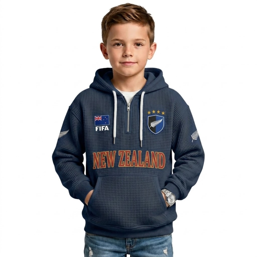 FIFA 2026 Zealand Printed Waffle Quarter Zip Football Fan Hoodie For Kids