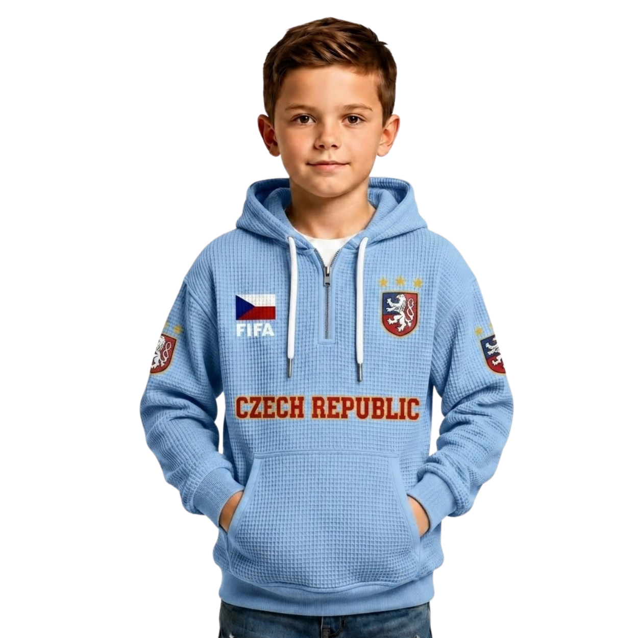 FIFA 2026 Czech Republic Printed Waffle Quarter Zip Football Fan Hoodie For Kids