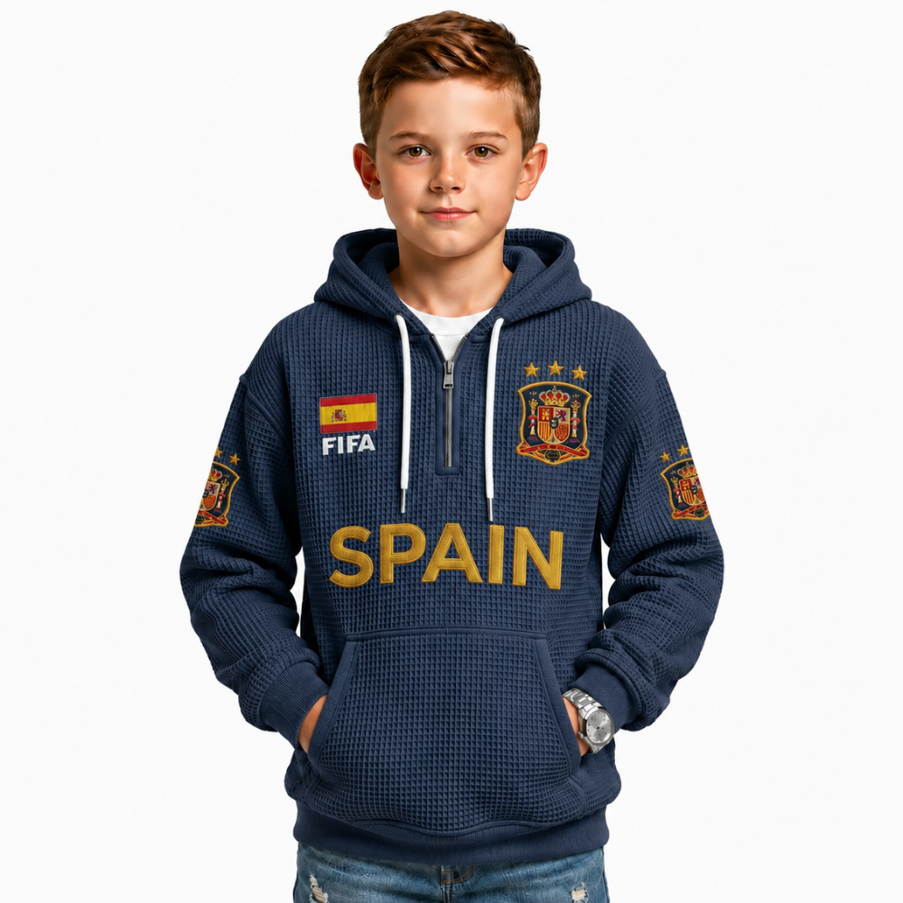 FIFA 2026 Spain Printed Waffle Quarter Zip Football Fan Hoodie For Kids