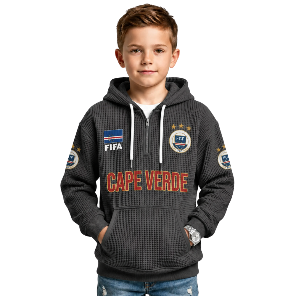 FIFA 2026 Cape Verde Printed Waffle Quarter Zip Football Fan Hoodie For Kids