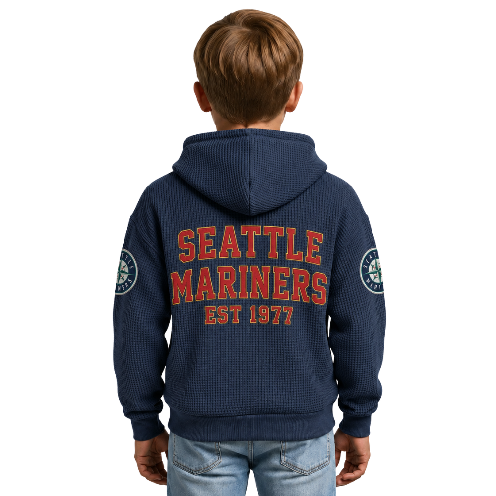 Seattle Mariners EST 1977 Printed Waffle Quarter Zip Baseball Fan Hoodie For Kids