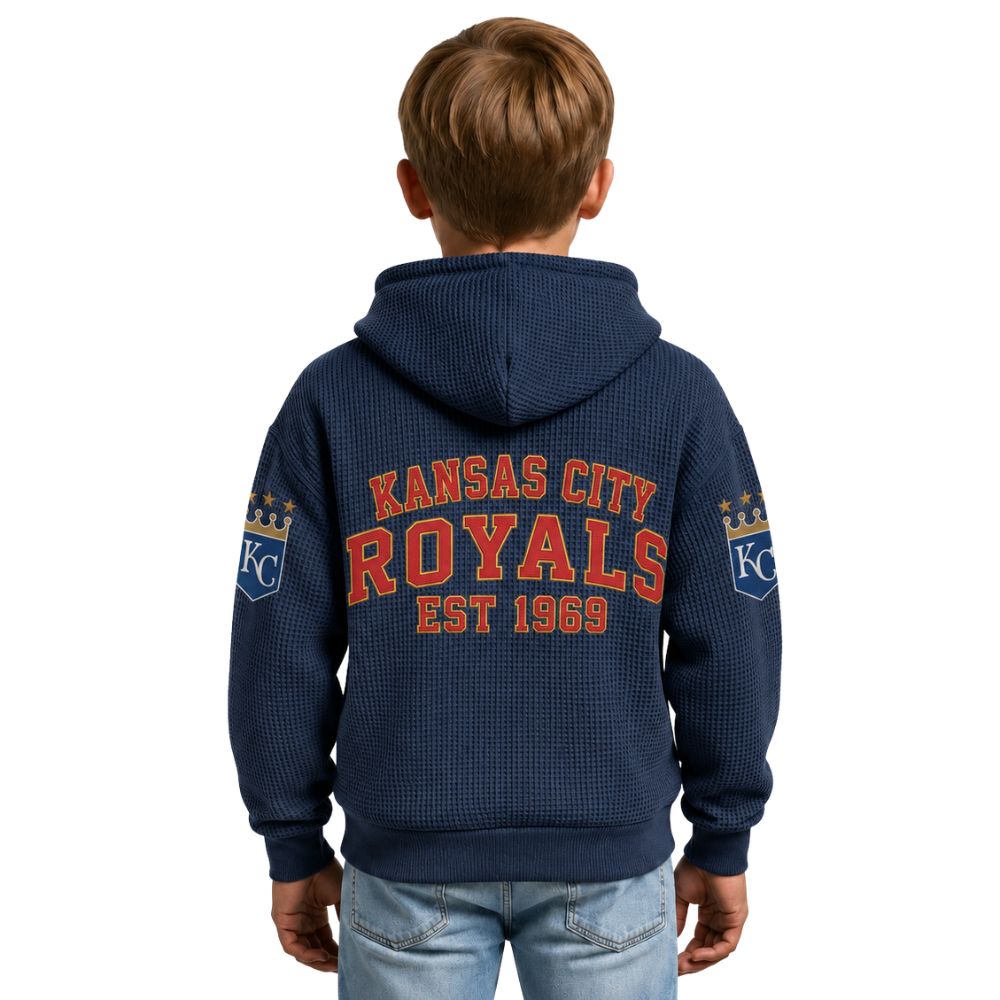 Kansas City Royals EST 1969 Printed Waffle Quarter Zip Baseball Fan Hoodie For Kids