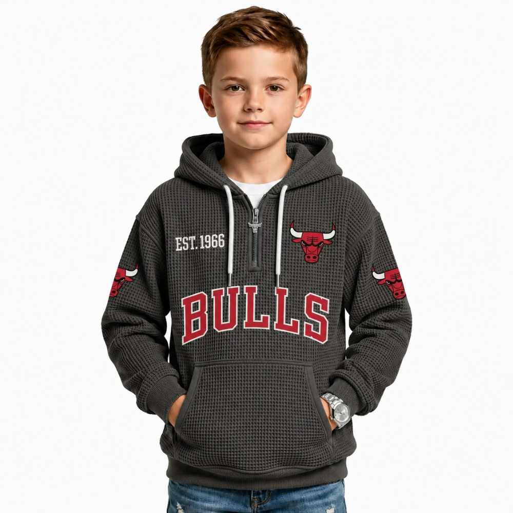 Chicago Bulls EST 1966 Printed Waffle Quarter Zip Basketball Fan Hoodie For Kids