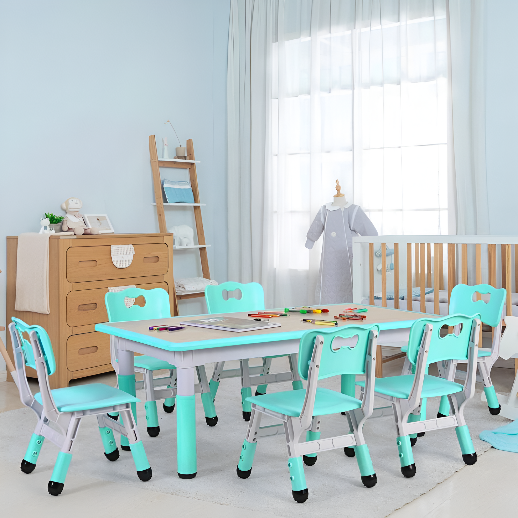 Kids Table And 6 Chairs Set Height Adjustable Table Preschool Activity Art Craft Table