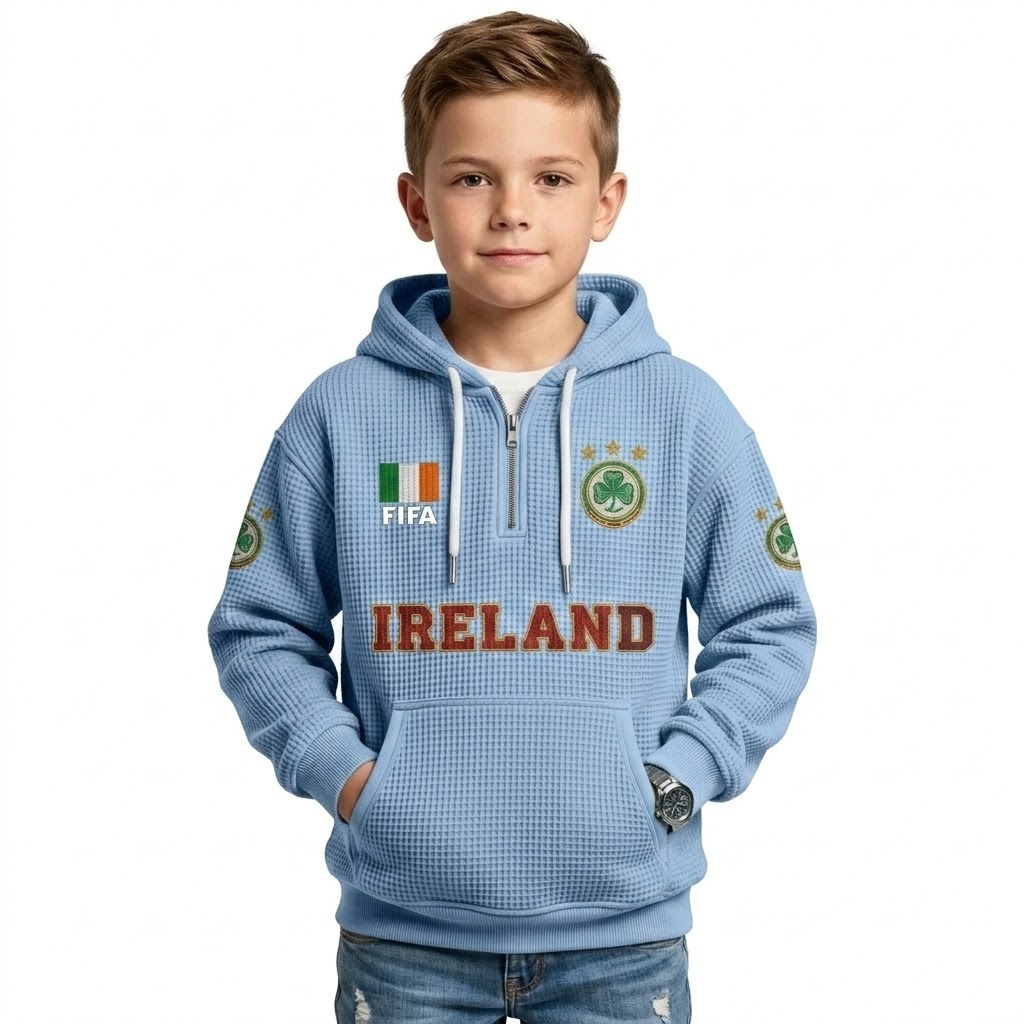 FIFA 2026 Ireland Printed Waffle Quarter Zip Football Fan Hoodie For Kids