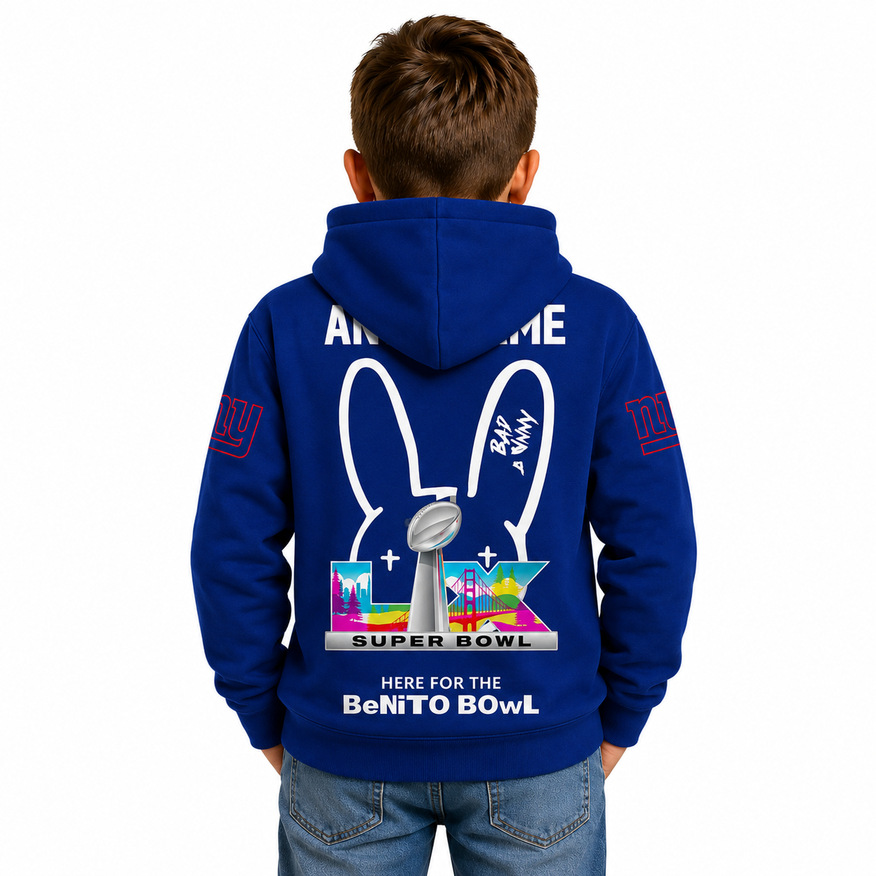 Personalized New York Giants Bad Bunny Bowl Hoodie For Kids