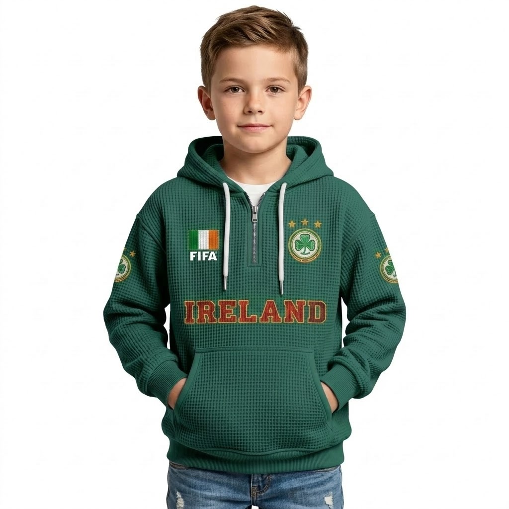 FIFA 2026 Ireland Printed Waffle Quarter Zip Football Fan Hoodie For Kids