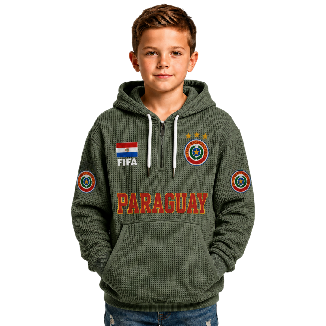 FIFA 2026 Paraguay Printed Waffle Quarter Zip Football Fan Hoodie For Kids