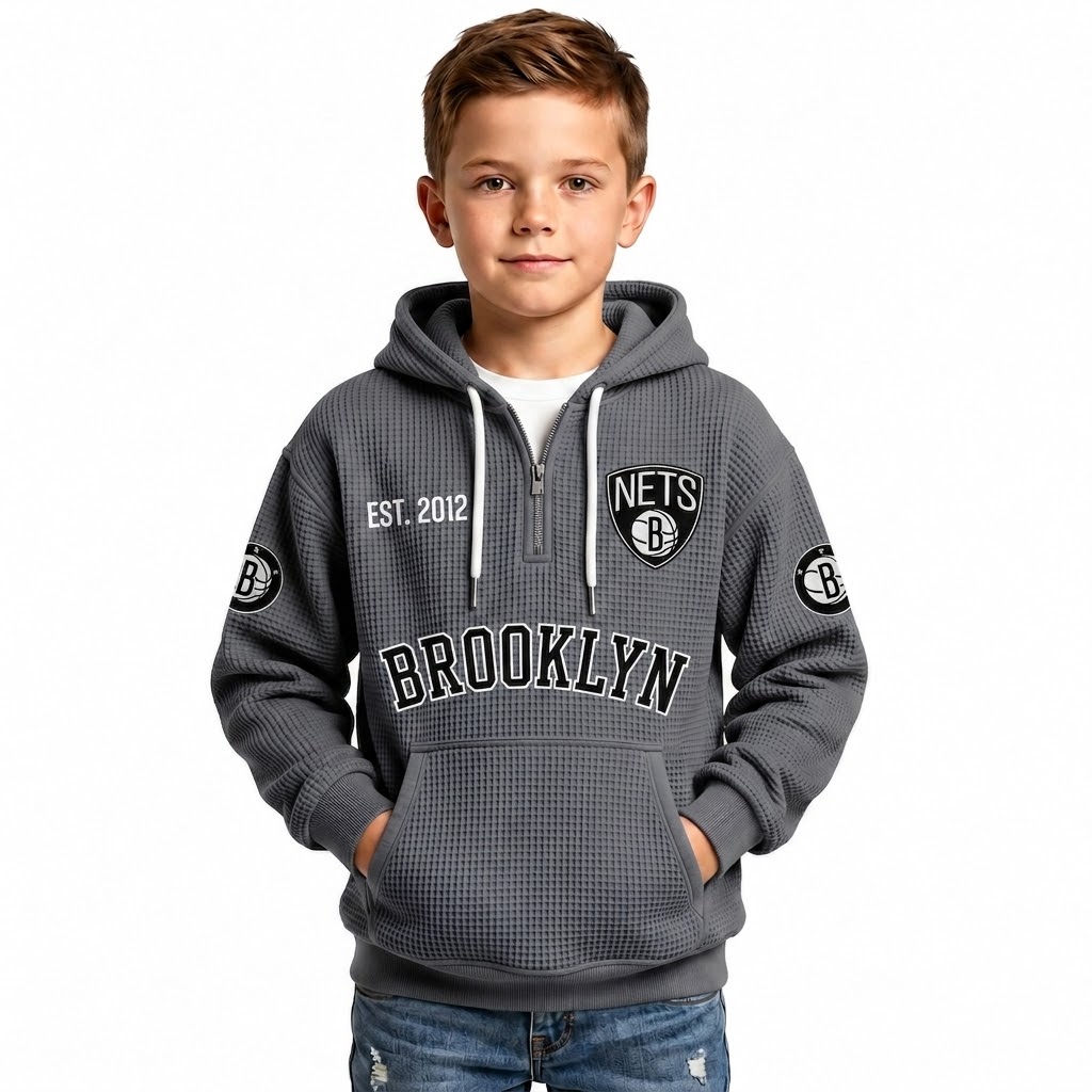 Brooklyn Nets EST 1967 Printed Waffle Quarter Zip Basketball Fan Hoodie For Kids