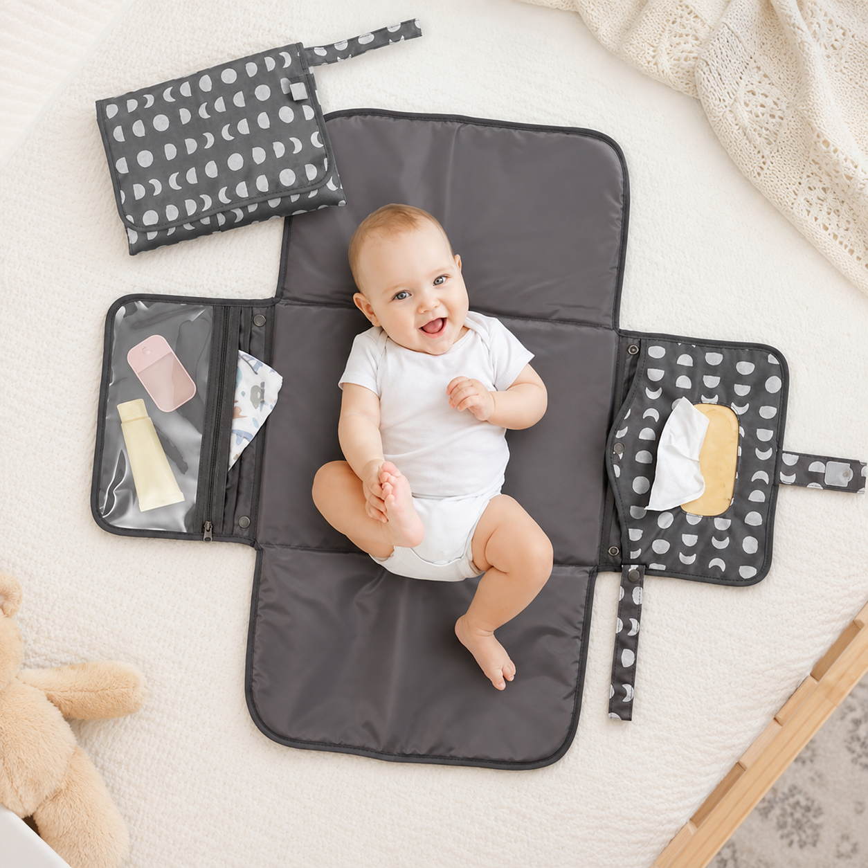 Portable Waterproof Diaper Changing Pad With Wipes Pocket For Travel