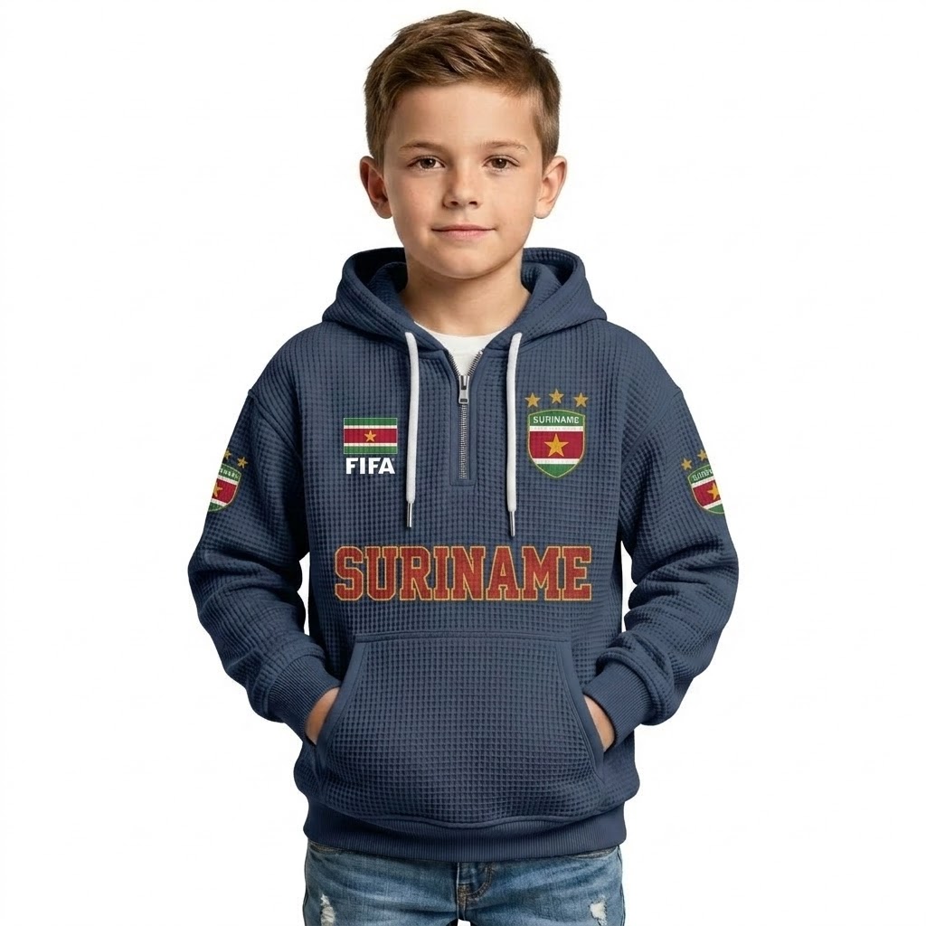 FIFA 2026 Suriname Printed Waffle Quarter Zip Football Fan Hoodie For Kids