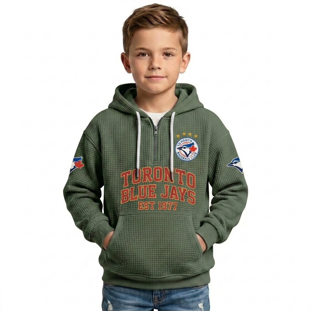 Toronto Blue Jays EST 1977 Printed Waffle Quarter Zip Baseball Fan Hoodie For Kids