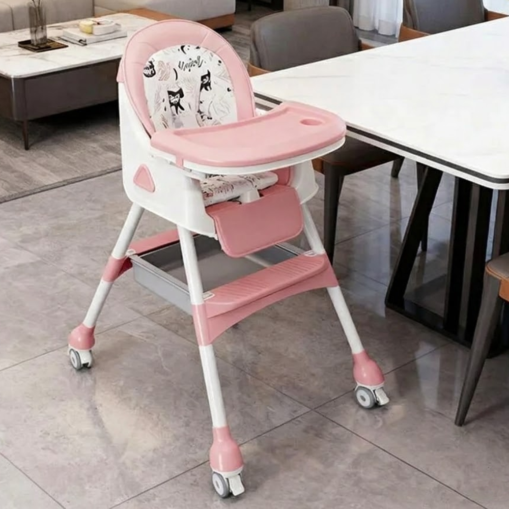 Foldable Adjustable Recline Footrest High Chair With Double Tray And Locking Wheels Gift For Kids