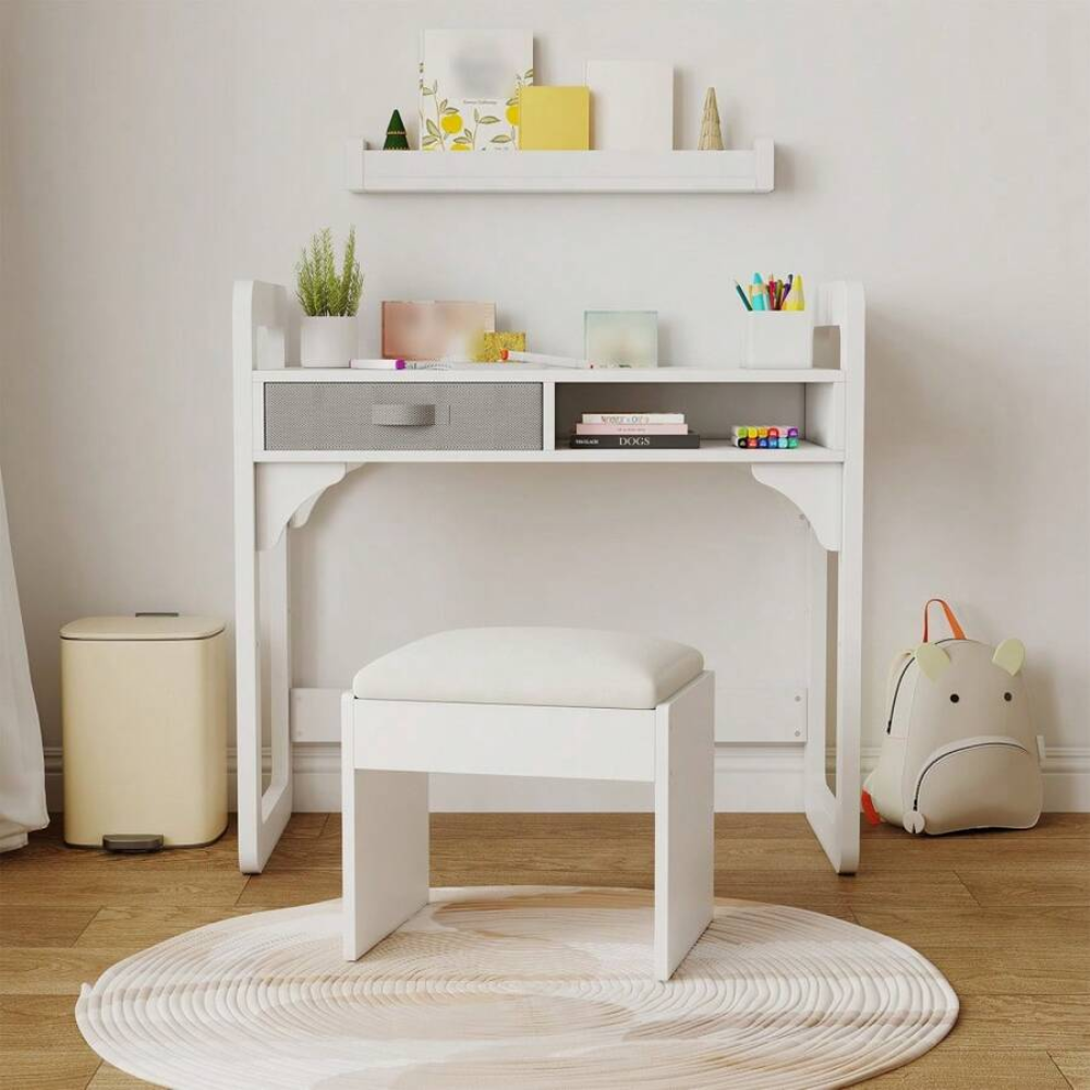 Kids Study Desk And Chair Set With Storage Drawer Soft Stool
