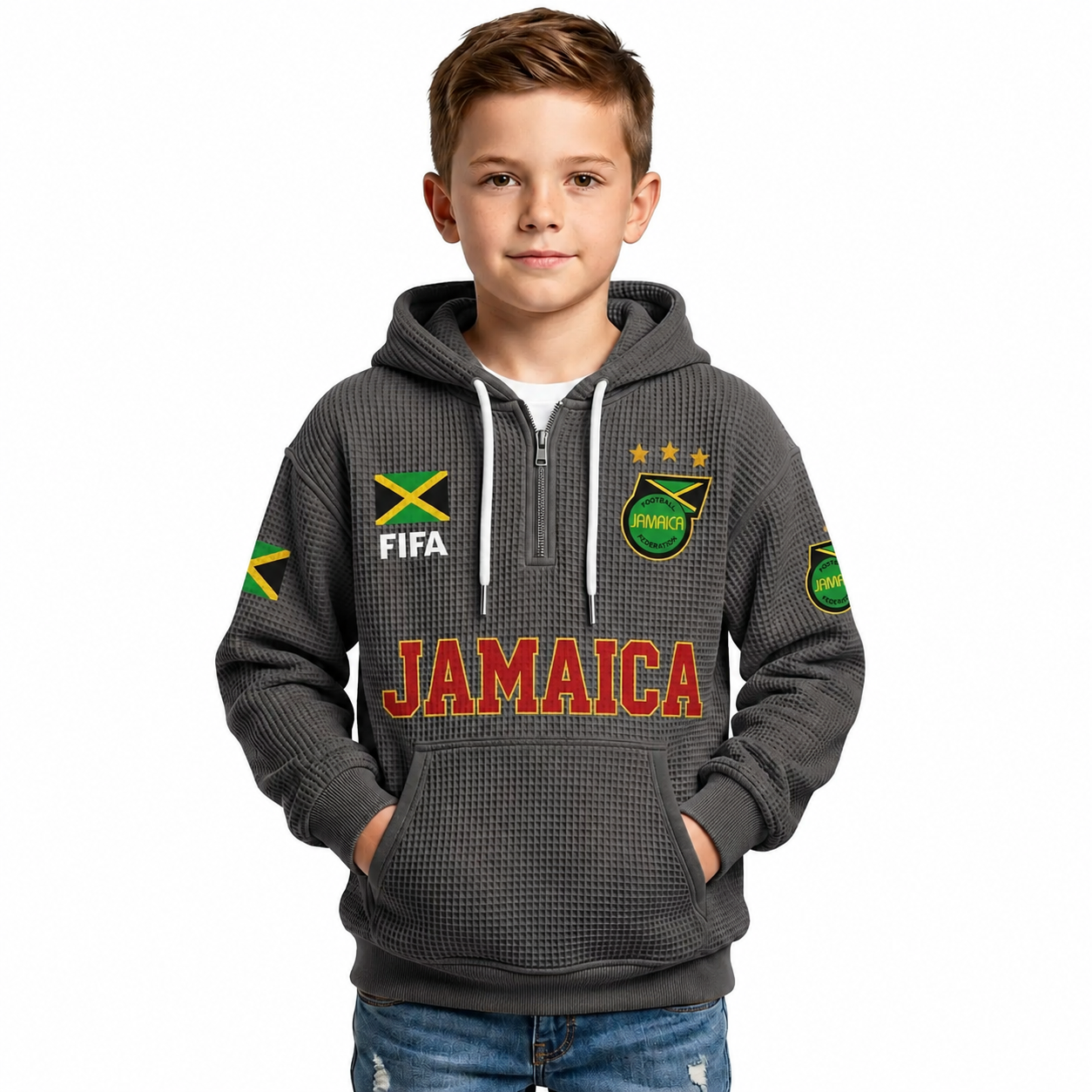 FIFA 2026 Jamaica Printed Waffle Quarter Zip Football Fan Hoodie For Kids