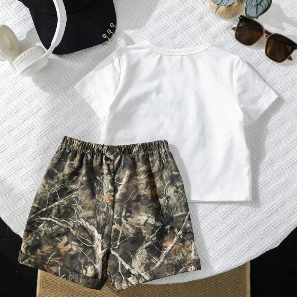 Two Piece Short Sleeve Slogan T Shirt And Camo Shorts Set For Babies