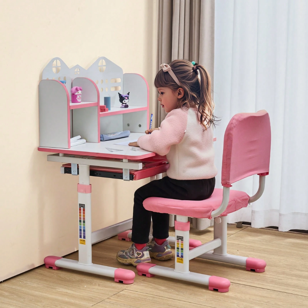 Study Chair And Desk Set With Bookshelf Storage For Kids