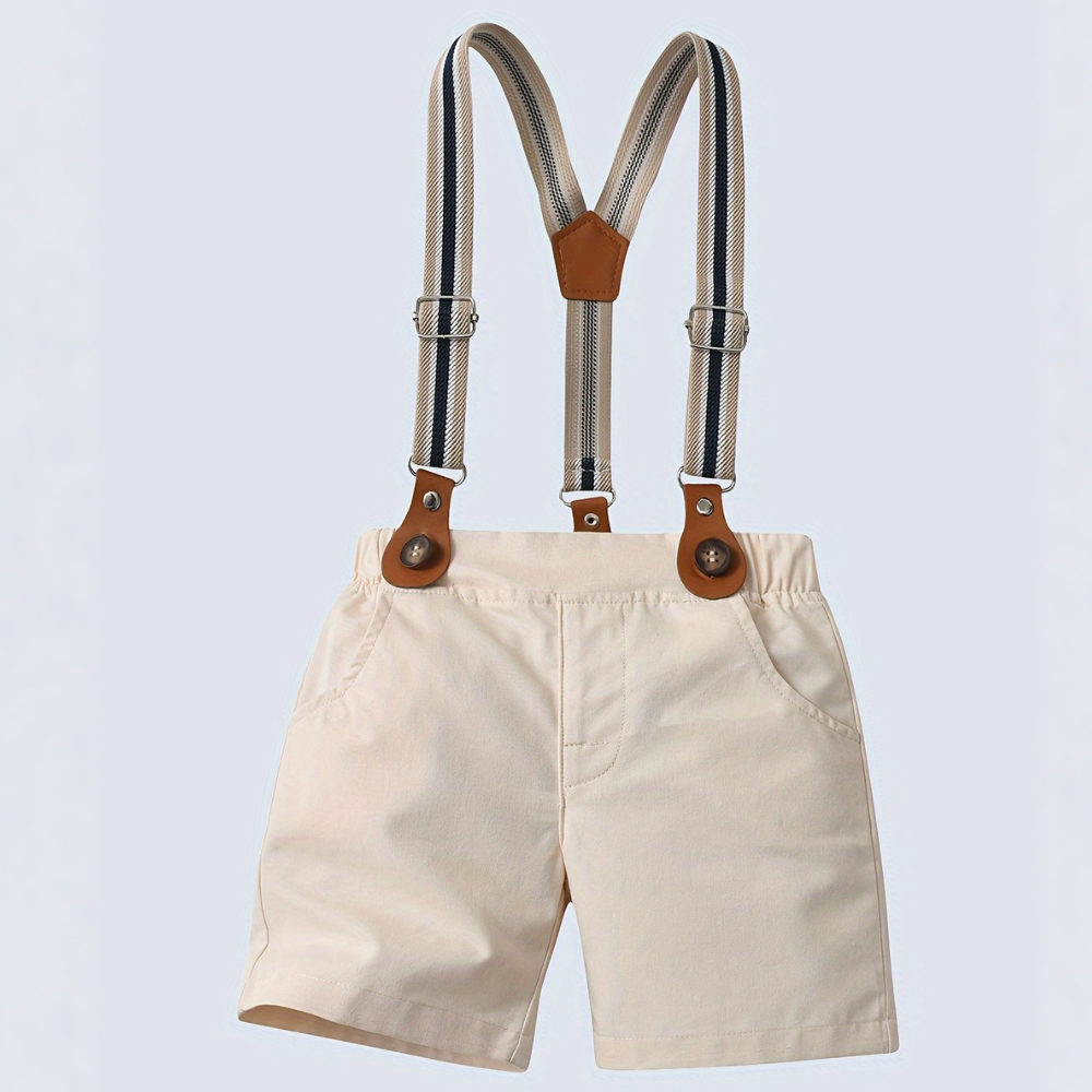 Classic Two Piece Outfit With Shirt Bow Tie And Suspenders Shorts