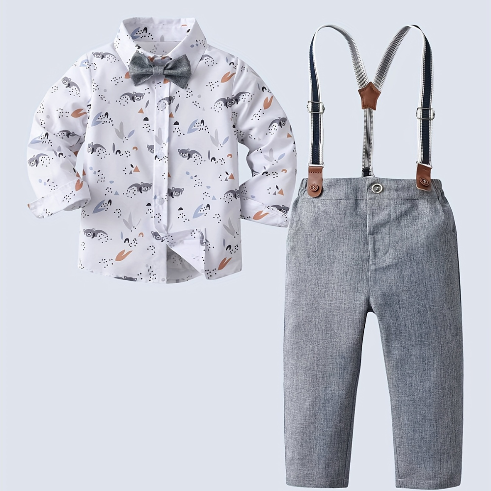 Printed Long Sleeve Shirt And Pants With Bow Tie And Suspenders