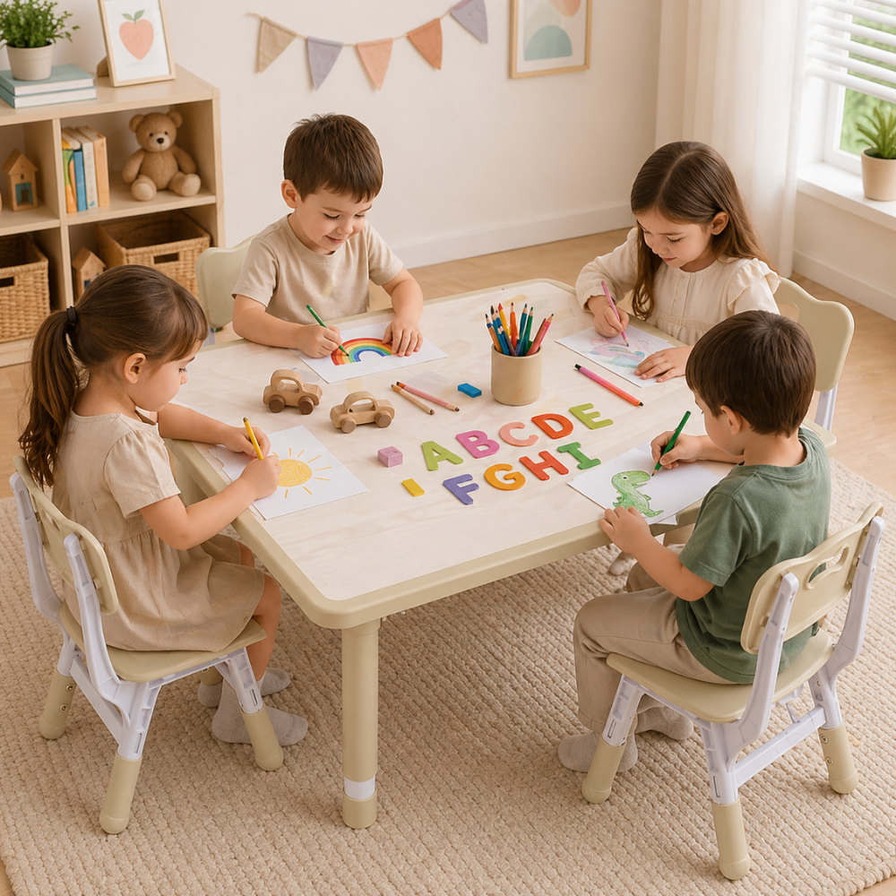 Kids Height Adjustable Activity Table 4 Chairs Set For Home