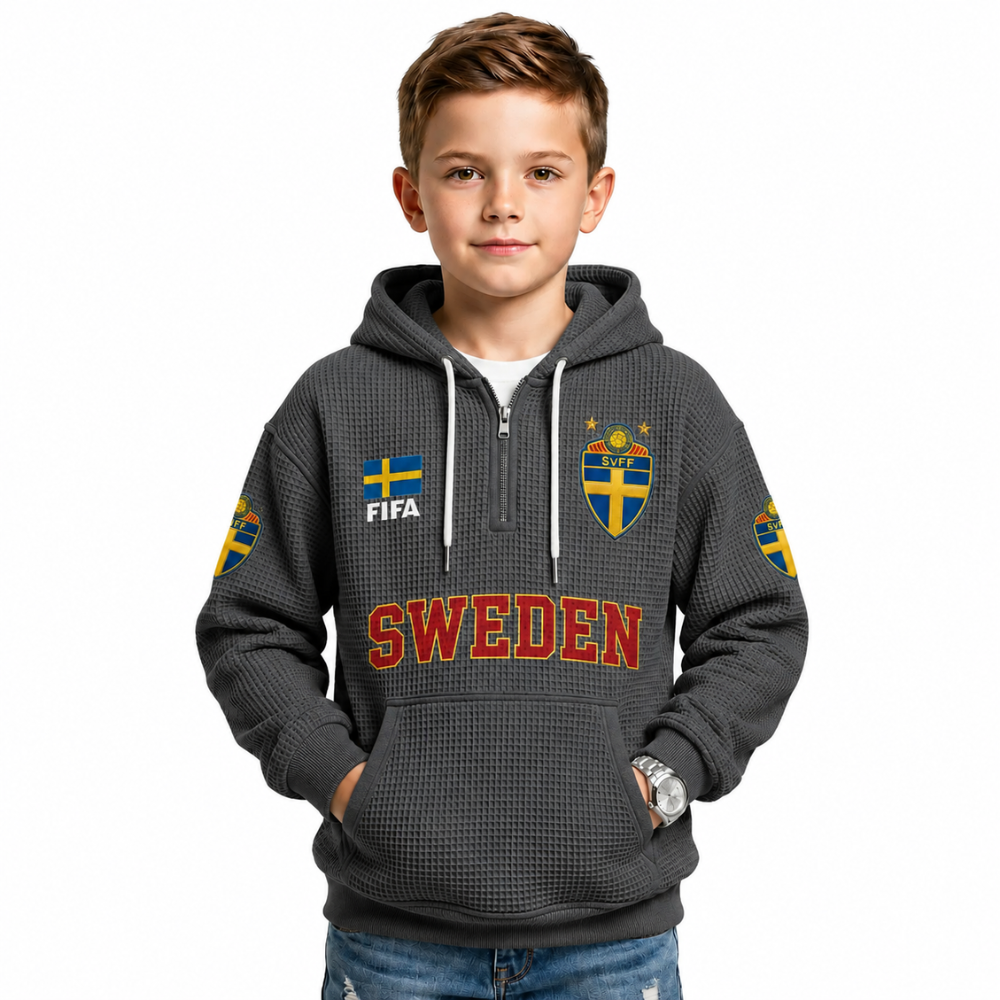 FIFA 2026 Sweden Printed Waffle Quarter Zip Football Fan Hoodie For Kids