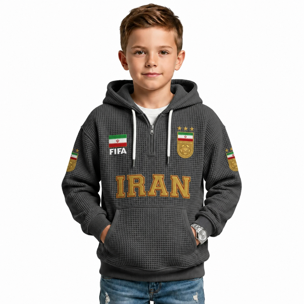 FIFA 2026 Iran Printed Waffle Quarter Zip Football Fan Hoodie For Kids