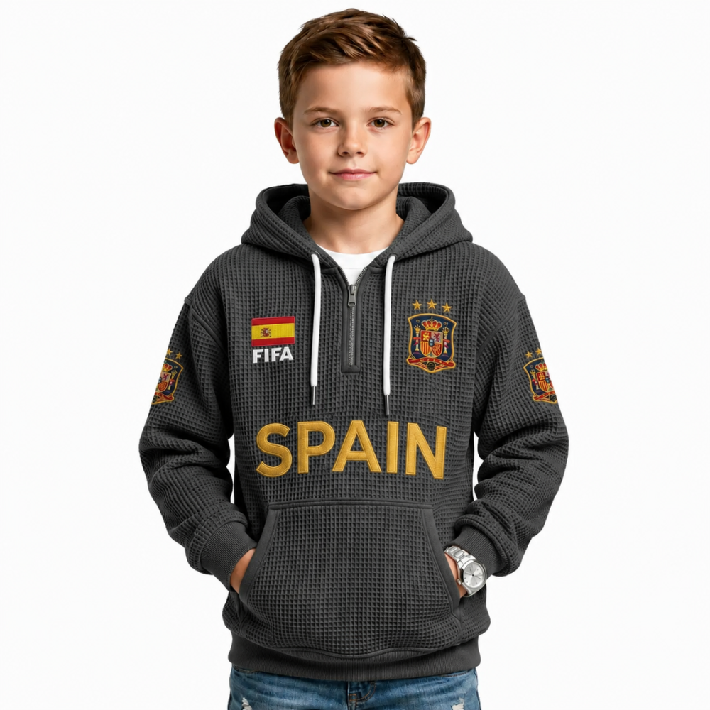 FIFA 2026 Spain Printed Waffle Quarter Zip Football Fan Hoodie For Kids